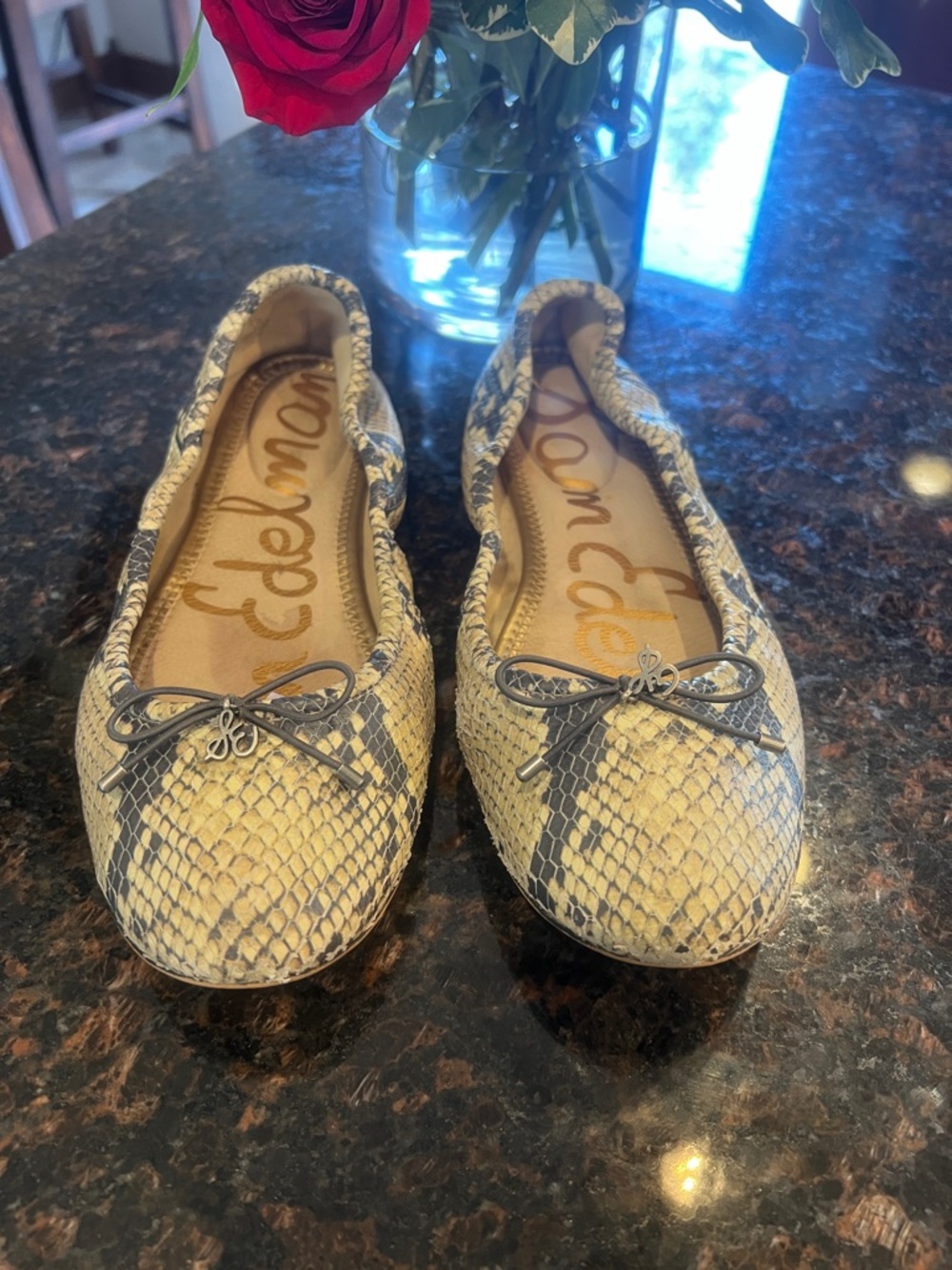 Sam Edelman Snake-Print Ballet Flats in Beige and Gray